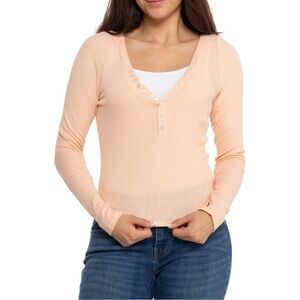 Free People Coffee Chat Ribbed Henley Shirt - Long Sleeve - Size S - NWT